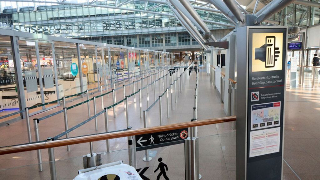 An area in front of the security checkpoints is empty at Hamburg Airport, Germany Sunday, March 9, 2025.