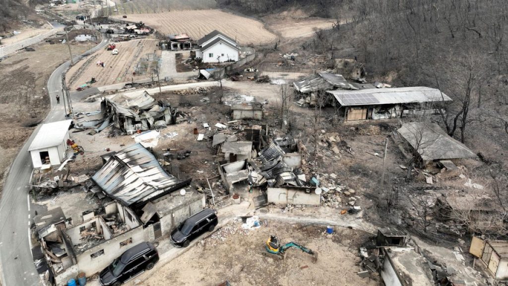 A burnt-out houses in a destroyed village are seen in Uiseong, South Korea, Thursday, March 27, 2025.