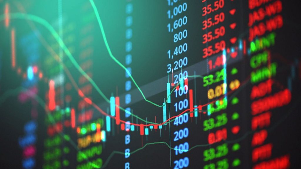 A stock market screen showing red and green indicators