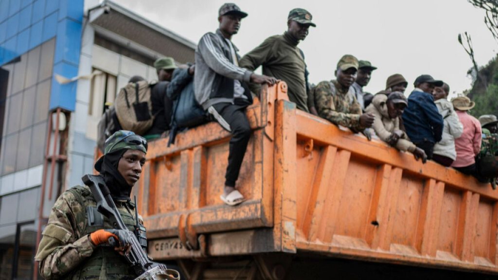 Former members of the Armed Forces of the Democratic Republic of Congo and police officers who allegedly surrendered to M23 rebels arrive in Goma, Congo, Sunday, Feb. 23, 2025