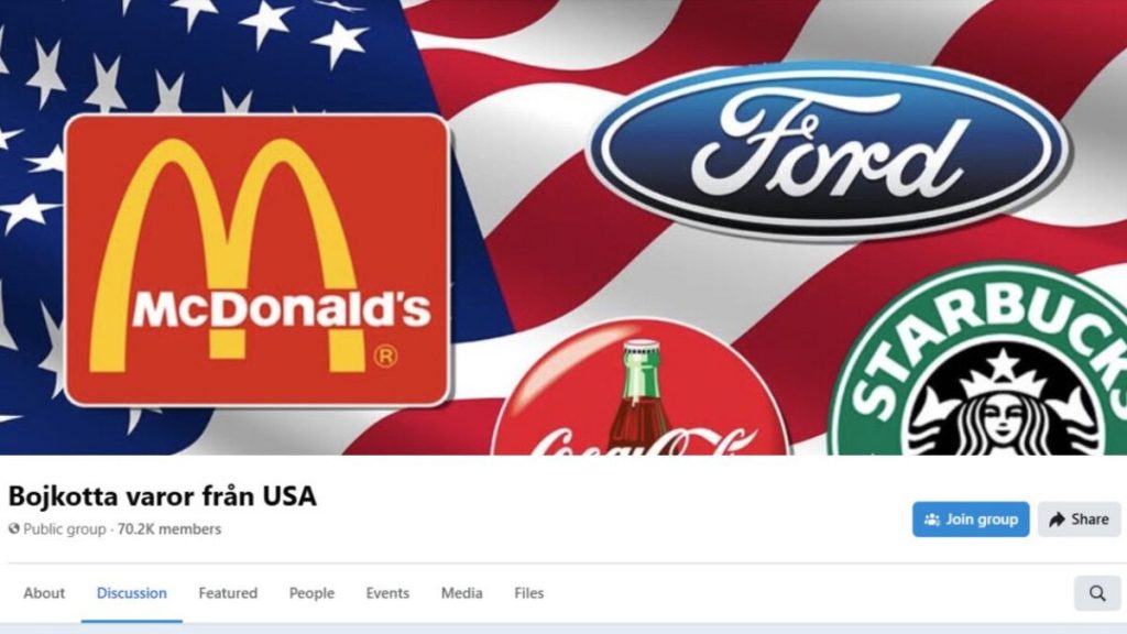 Facebook group Bojkotta varor från USA calling for the boycott of US products.