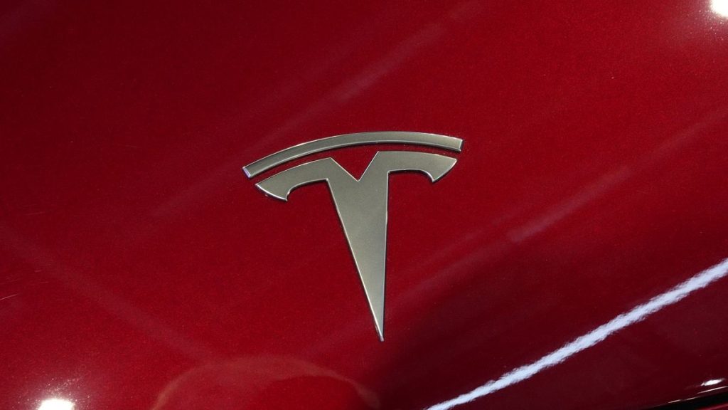 The logo of Tesla car is pictured at the Paris Auto Show, in Paris, Oct. 14, 2024.