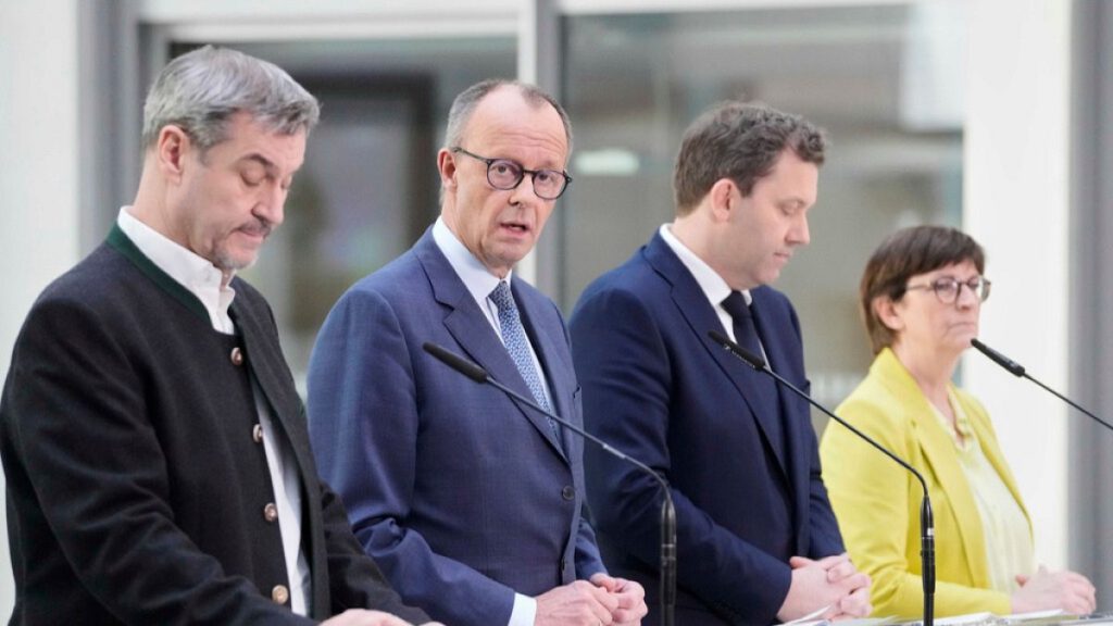 Markus Soeder, chairman of Bavarians Christian Social Union party, Christian Democratic Union party chairman Friedrich Merz and the Social Democratic Party leaders, March 8.