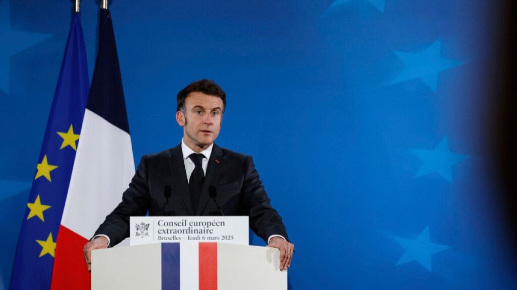 French President Emmanuel Macron speaks during a media conference at an EU Summit in Brussels, Thursday, March 6, 2025.