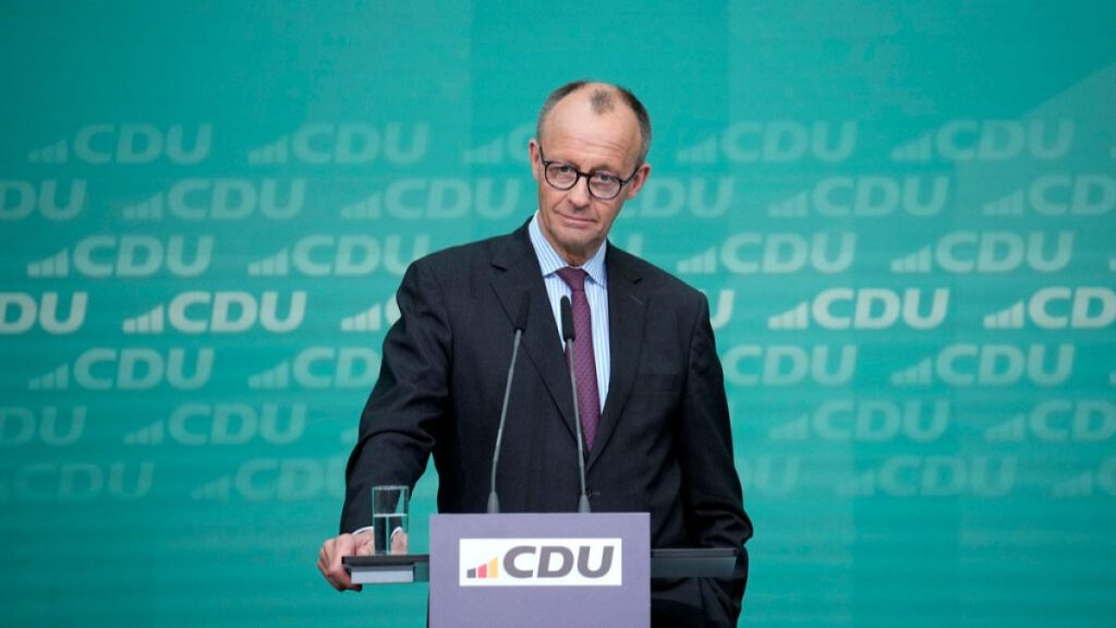 Friedrich Merz, leader of the Christian Democratic Union (CDU), talks to the media during a press conference in Berlin, Germany, Monday, March, 3, 2025.