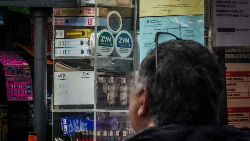 A smokeless nicotine pouch is stacked for sale at a newsstand Friday, Feb. 23, 2024, in New York.