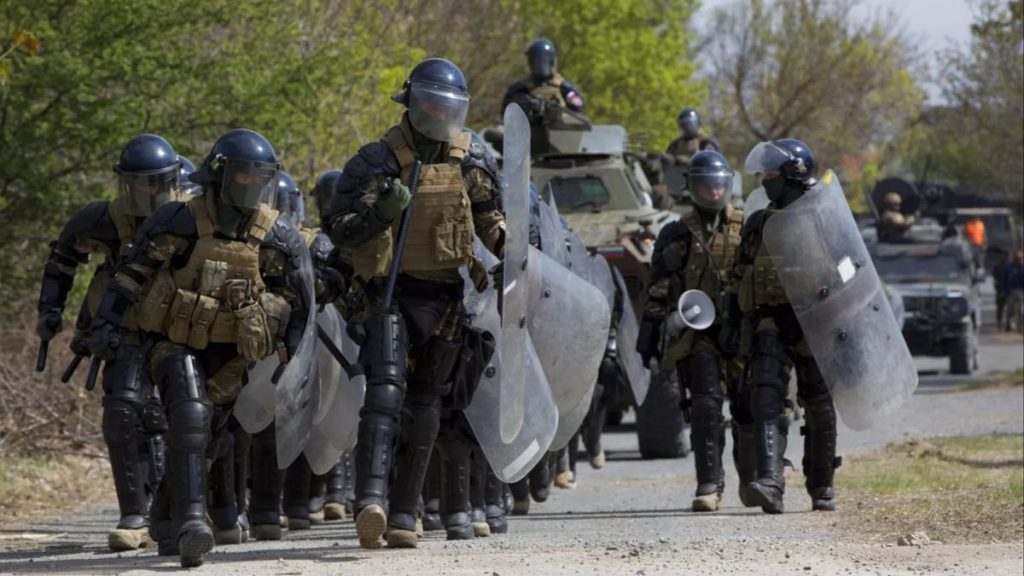 Slovenian soldiers serving in the NATO-led peacekeeping mission in Kosovo (KFOR) participate during a joint military exercise with Kosovo Security Forces, Kosovo Police and EU