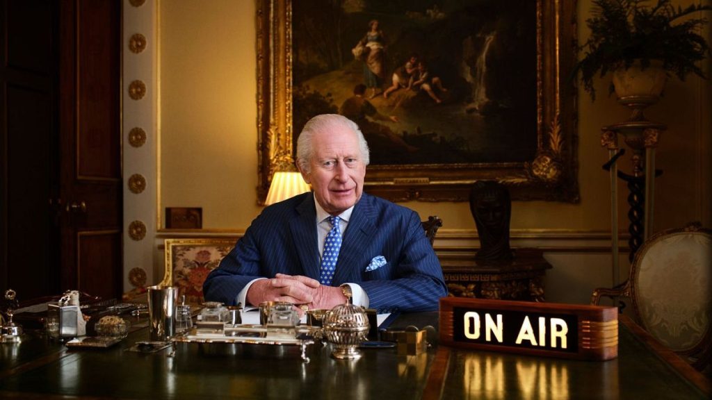 The King recorded the broadcast in his office at Buckingham Palace