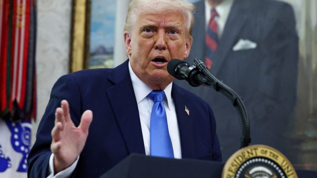 President Donald Trump speaks during a swearing in ceremony for Alina Habba as interim US Attorney General for New Jersey, in the Oval Office of the White House in Washington.