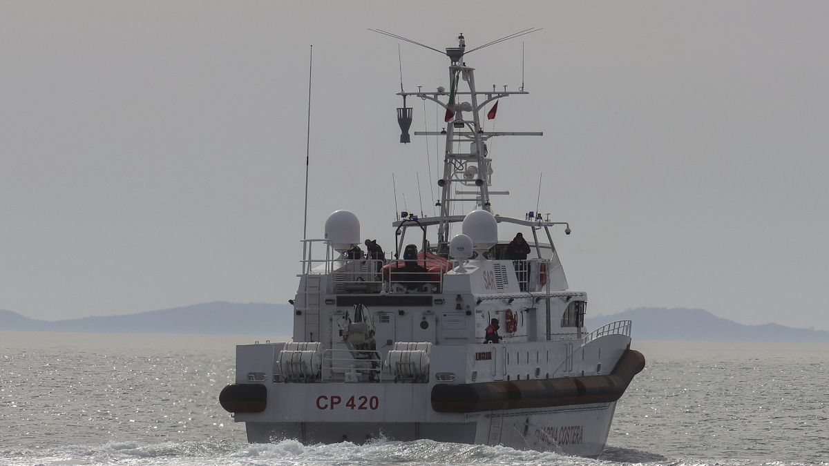 An Italian Coast Guard vessel carrying migrants from the asylum processing centres in Albania back to Italy, leaves the Albanian port of Shengjin on 1 February, 2025..