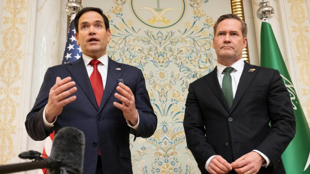 U.S. Secretary of State Marco Rubio and U.S. National Security Advisor Mike Waltz speak with the media following meetings with a Ukrainian delegation in Jeddah, 2025,