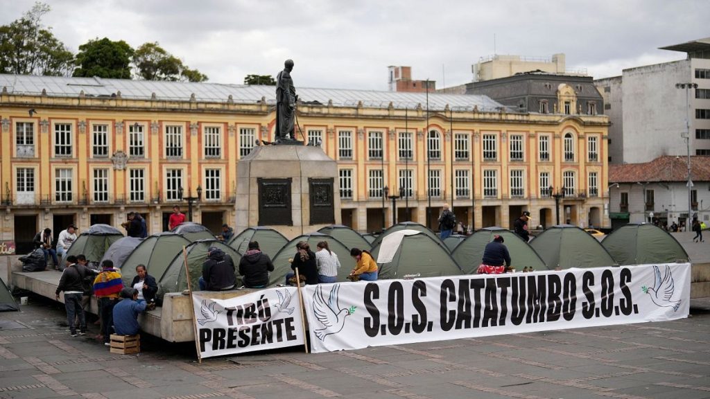 FILE - Residents of the Catatumbo coca-growing region camp at Bolivar Square in Bogota, Colombia, 29 Jan 2025.