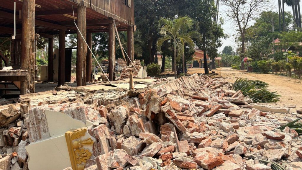 A damaged monastery is seen after an earthquake, Friday, March 28, 2025 in Naypyitaw, Myanmar.