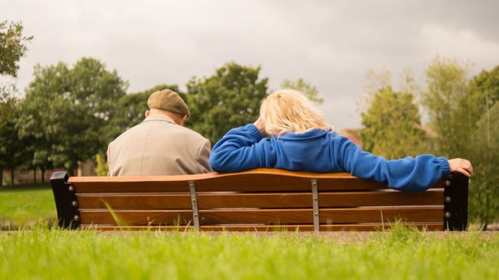 A couple is seen from behind sitting on a bench.