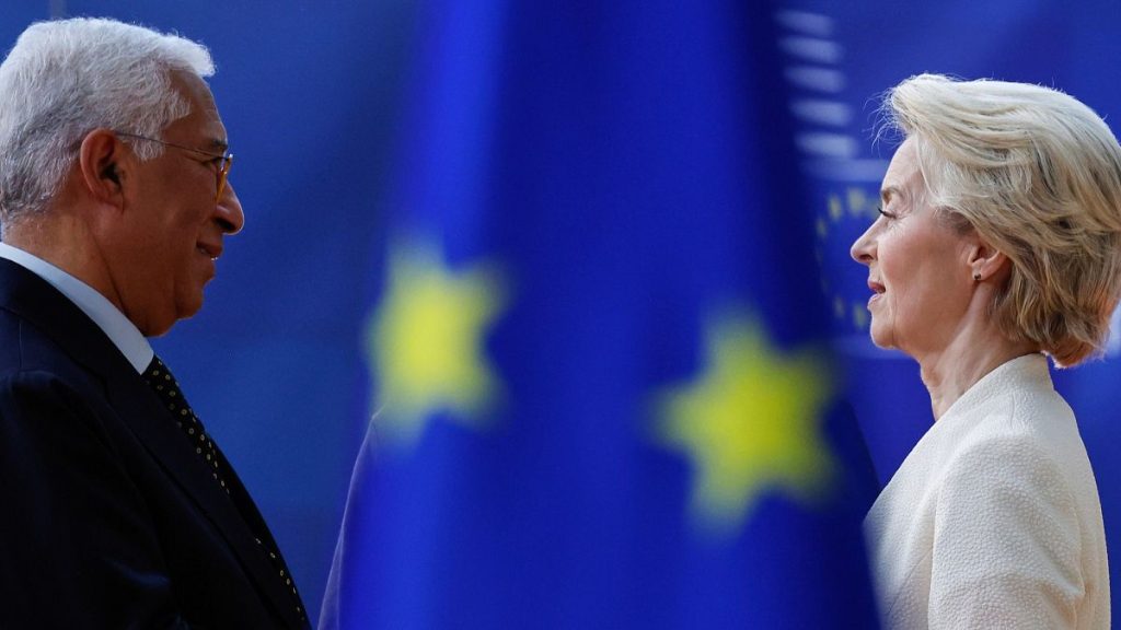 European Council President Antonio Costa, left, and European Commission President Ursula von der Leyen at the European Council building in Brussels, March 6, 2025.