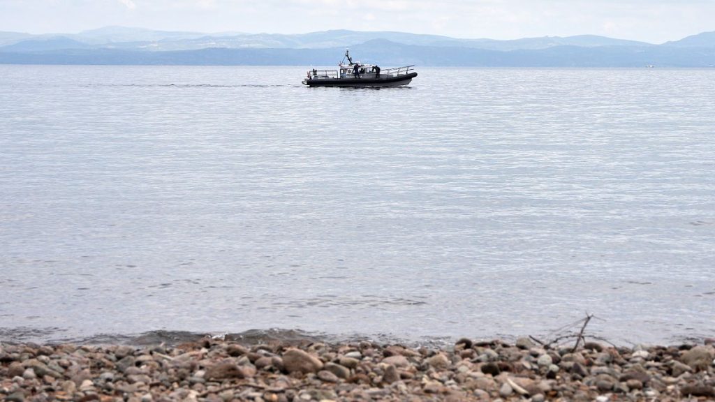 A Frontex vessel takes part in a search and rescue operation after a migrant boat capsized off Lesbos, 3 April, 2025