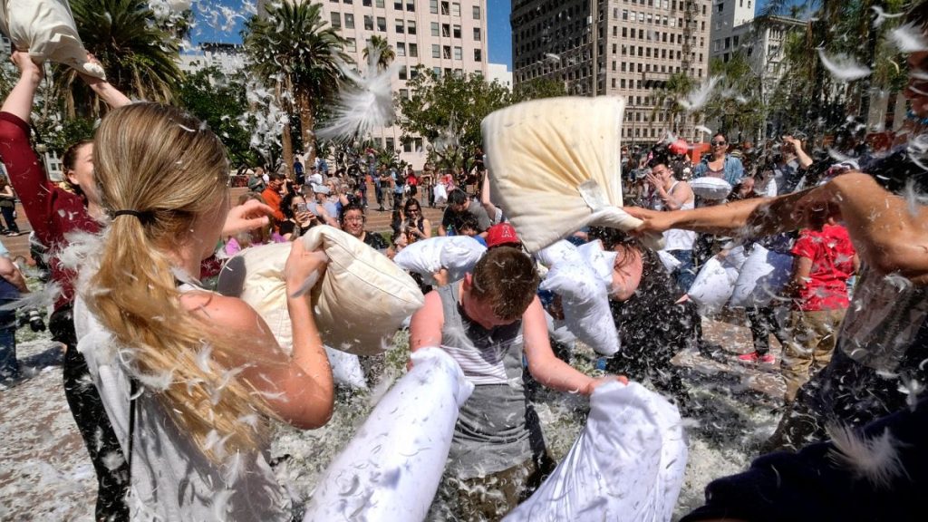 A giant International Pillow Fight Day event in Pershing Square in downtown Los Angeles.