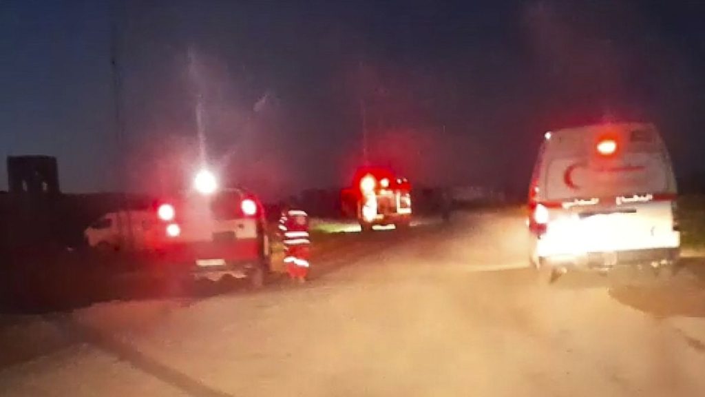 Screenshot from a video released by the Palestinian Red Crescent Society taken by by one of the 15 Palestinians medics killed