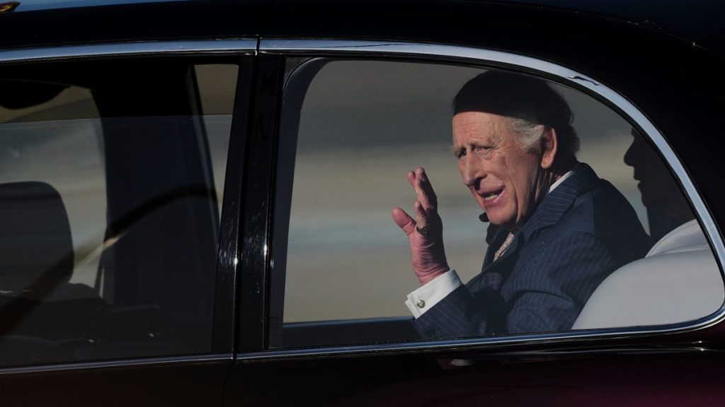 King Charles III waves upon arrival at Rome