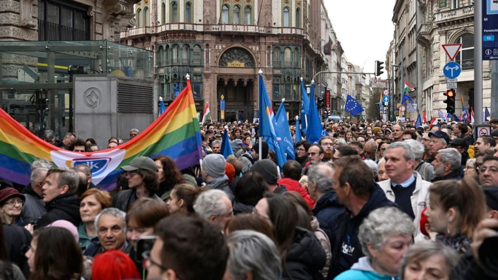 Demonstrators in Budapest protest against a law that effectively bans LGBTQ+ Pride events.