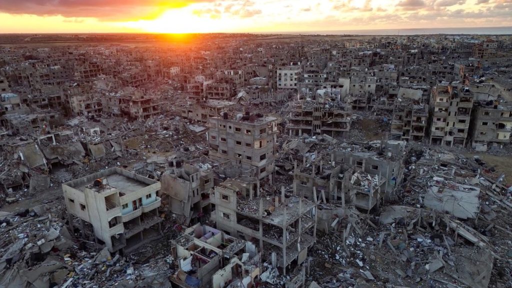 An aerial photograph taken by a drone shows the destruction caused by the Israeli air and ground offensive in Rafah, 24 January, 2025