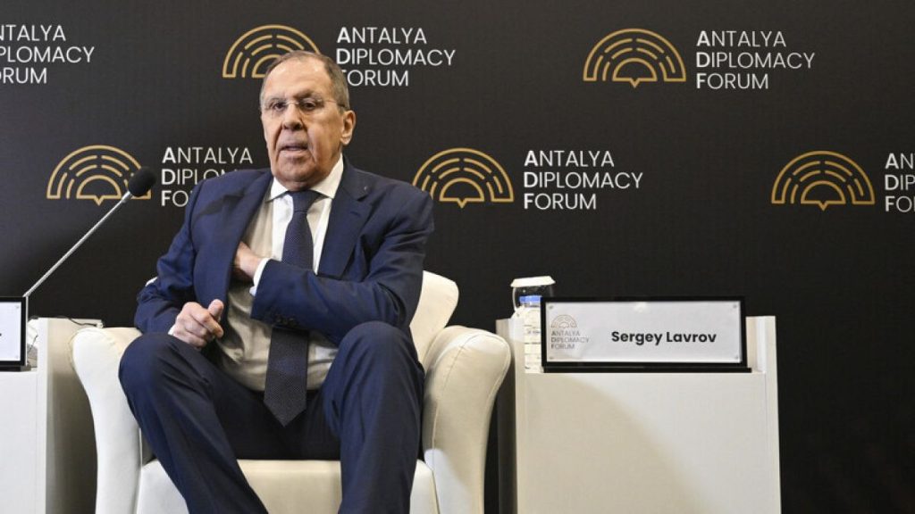Russian Foreign Minister Sergey Lavrov arrives to take part in a panel during the Antalya Diplomacy Forum, in Antalya, Turkey, Saturday, April 12, 2025