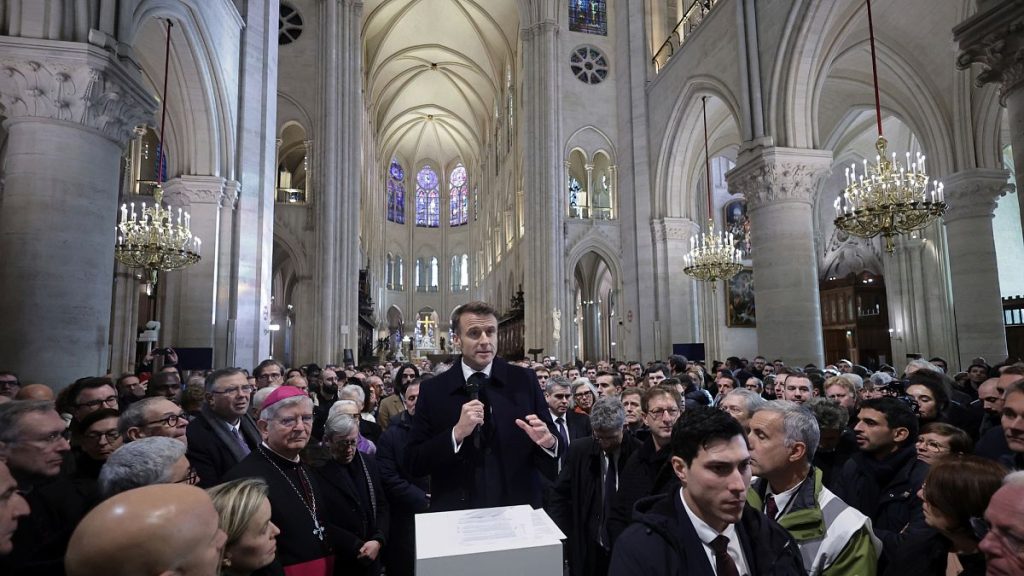 French President Emmanuel Macron delivers a speech inside Notre-Dame cathedral after visiting the restored interiors of the monument, Friday, 29 November 2024 in Paris.