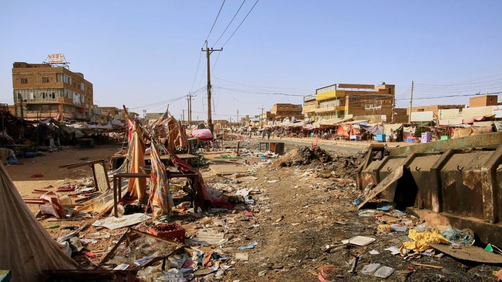 Stalls destroyed by recent combat are seen at the Allafah market in Al Kalalah, 27 March, 2025