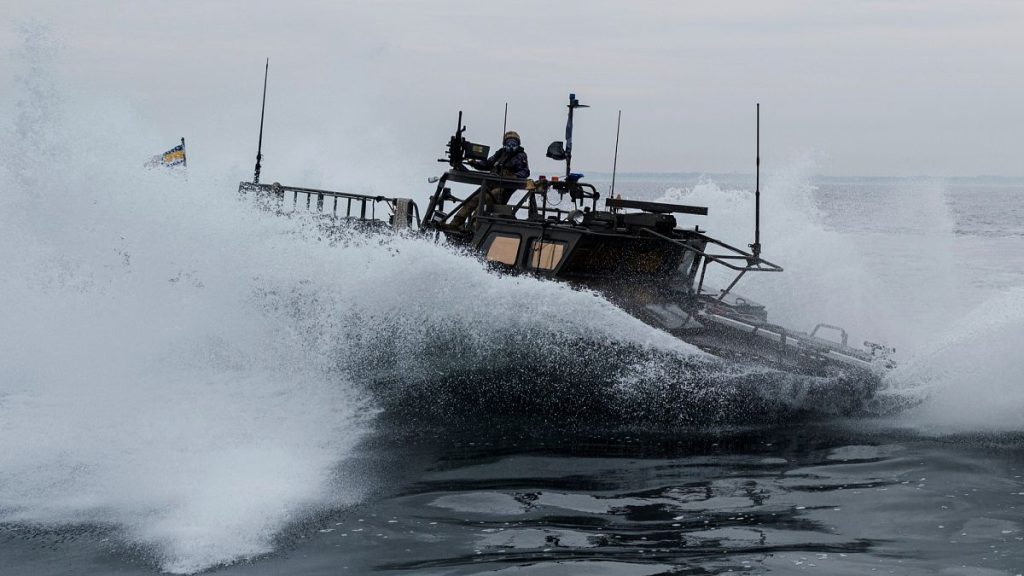 A Ukrainian military boat CB90 of Military Naval Forces patrols Black Sea coast line of Odesa region, Ukraine, on March 27, 2025.