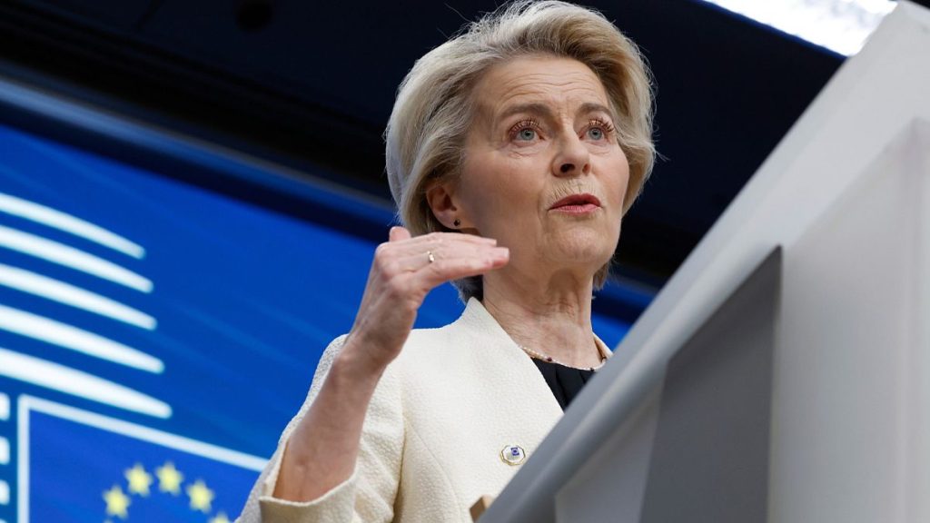 European Commission President Ursula von der Leyen addresses a media conference at an EU Summit in Brussels, March 6, 2025.