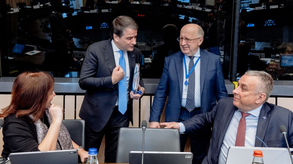 Commission Vice-president Raffaele Fitto in charge of cohesion policy talking to defence Commissioner Andrius Kubilius and other two members of the College of Commissioners.