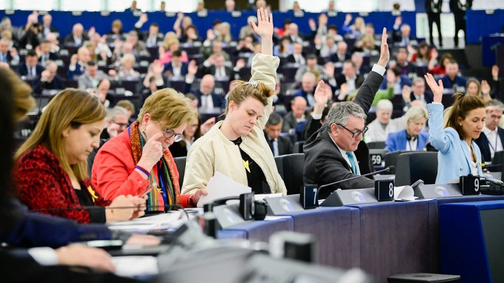 German MEP and Greens/EFA grou co-chair Terry Reintke (centre) during a European Parliament plenary vote on 1 April 2025