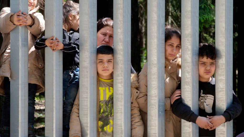 Asylum seekers outside a wall that Poland has built on its border with Belarus, in Bialowieza