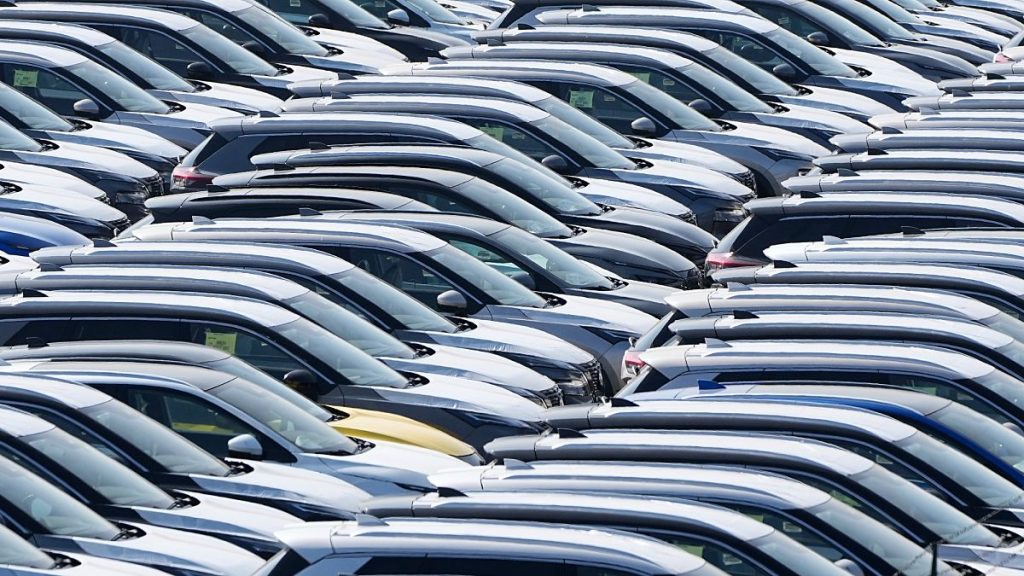 New German cars are stored at a logistic center in Duisburg, Germany. 27 March 2025.