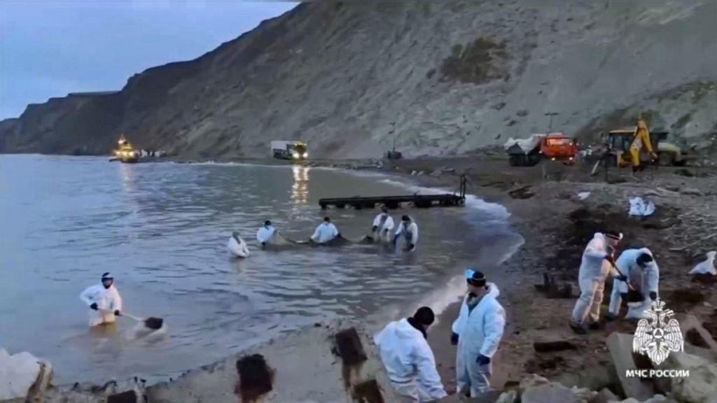 Rescuers and volunteers work to clean up tons of fuel oil spill in the Kerch Strait, video released by Russian Emergency Ministry Press Service on Saturday, Jan. 11, 2025.