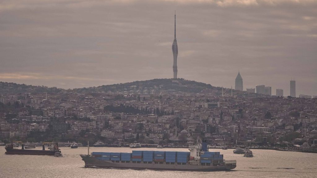 Containers ship Hornise sails across the Bosphorus strait, on his way from China