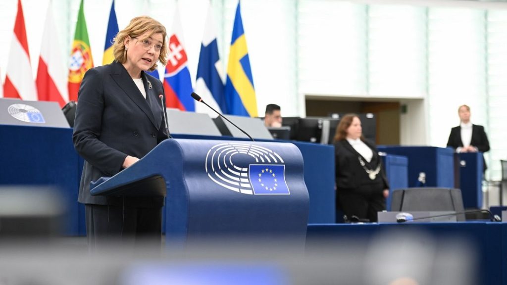EU Tech Commissioner Henna Virkkunen during a debate in the European Parliament.