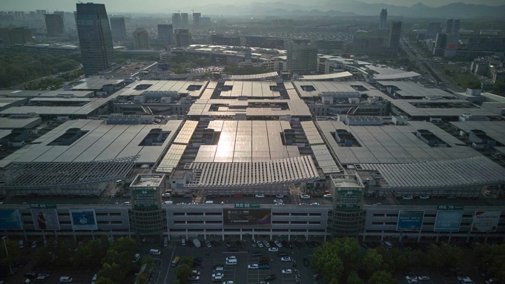 An arial view of a section of the sprawling Yiwu International Trade Market in Yiwu, eastern China