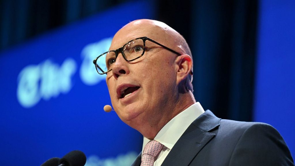 Australian opposition leader Peter Dutton speaks at the West Australian Leadership Matters breakfast, in Perth on Friday, 11 April 2025.