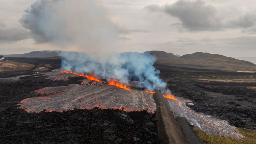 n areal view of the volcanic eruption near the town of Grindavik, on the Reykjanes Peninsula, Iceland.