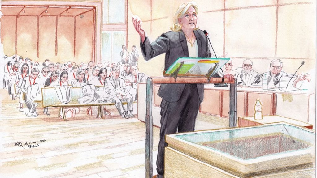 Courtroom sketch by Valentin Pasquier shows French far-right leader Marine Le Pen on trial, 14 October 2024.