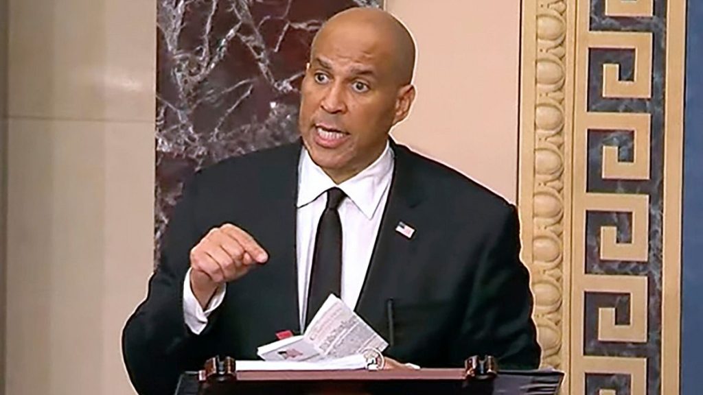 In this image provided by Senate Television, Sen, Cory Booker, D-N.J. speaks on the Senate floor, Tuesday morning, April 1, 2025.