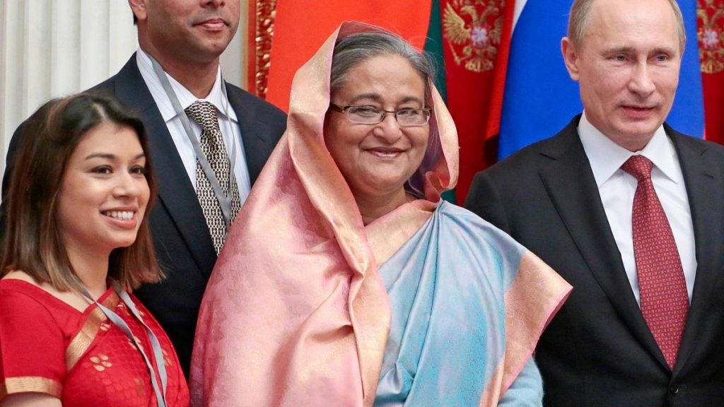 Tulip Siddiq, Bangladesh prime minister Sheikh Hasina and Russian president Vladimir Putin attend a signing ceremony in the Kremlin in Moscow in 2013.