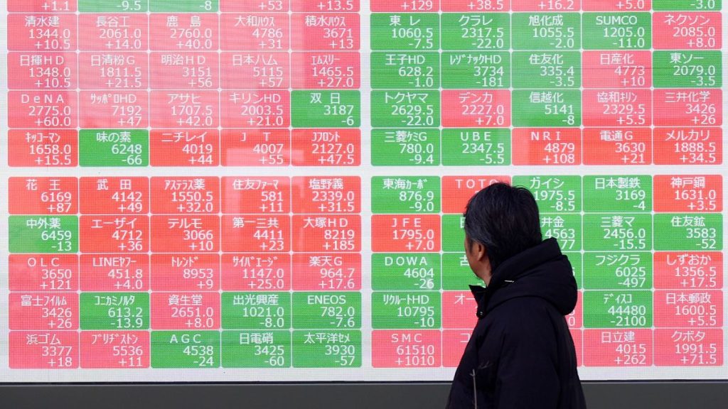 FILE - A person looks at an electronic stock board showing Japan