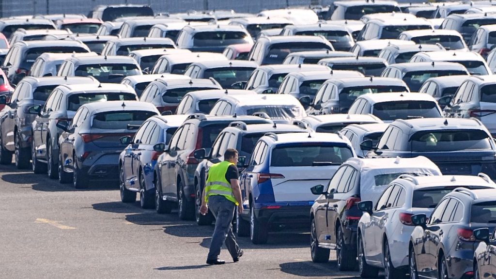 New German cars are stored at a logistic centre