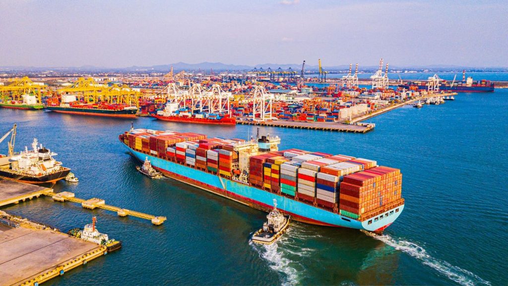 Aerial view of a cargo container ship