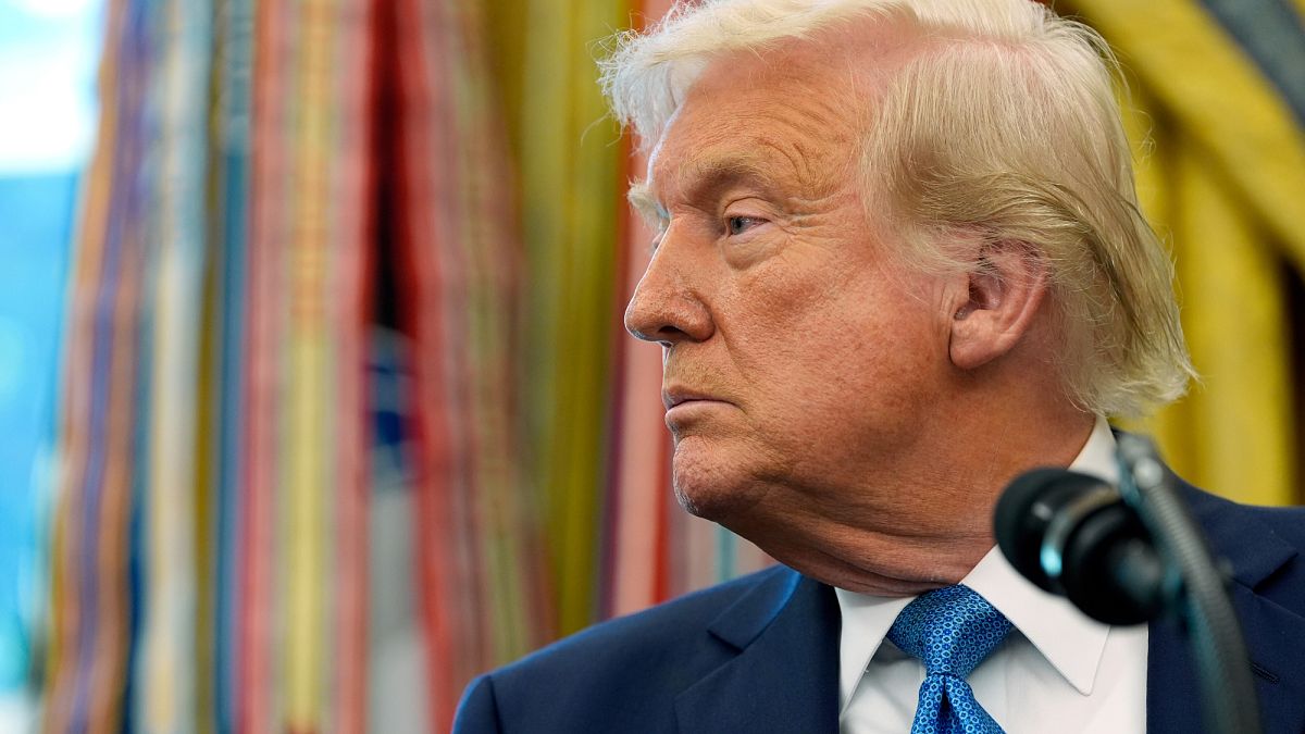 US President Donald Trump in the Oval Office of the White House, Tuesday, April 22, 2025, in Washington.