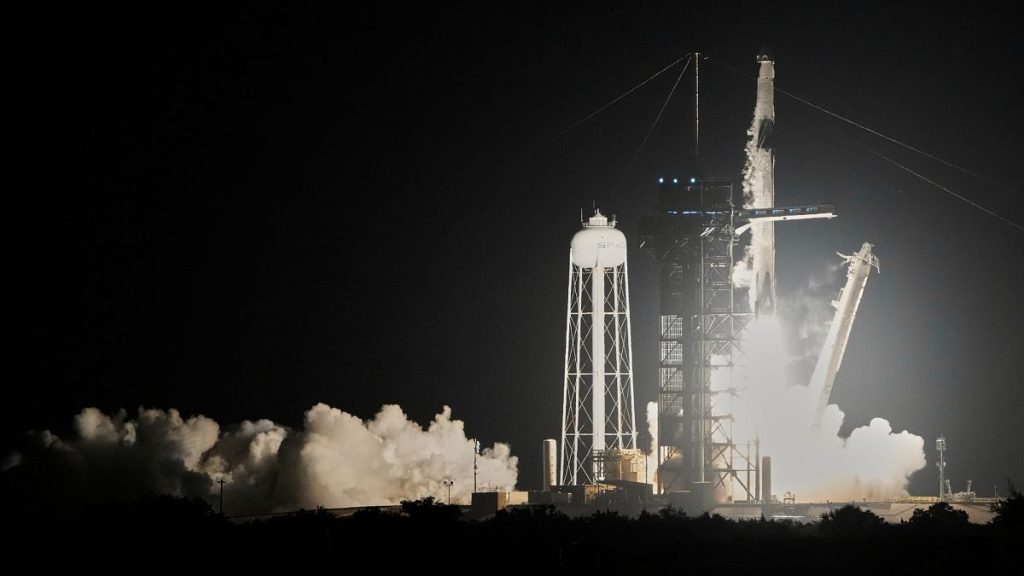 A SpaceX Falcon 9 rocket with a commercial crew of four lifts off from pad 39A at the Kennedy Space Center in Cape Canaveral, Fla., Monday, March 31, 2025.