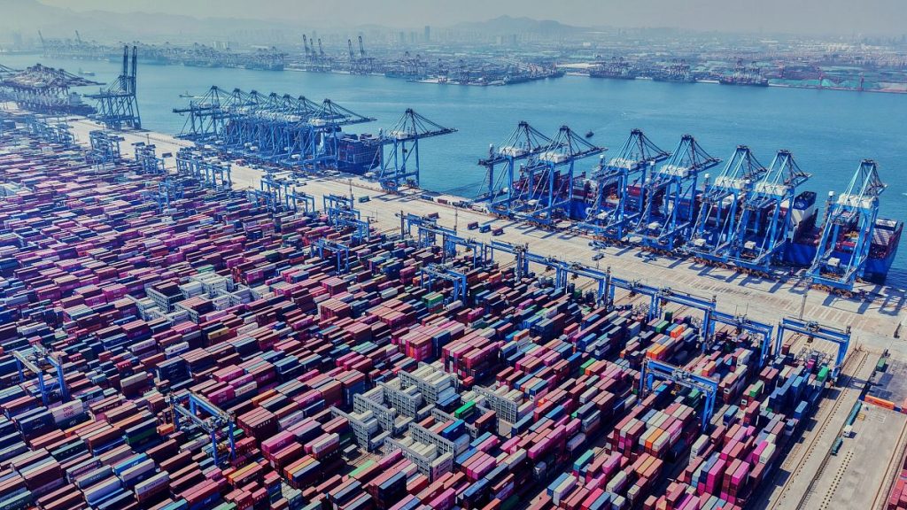 An aerial view of a container terminal in Qingdao in eastern China