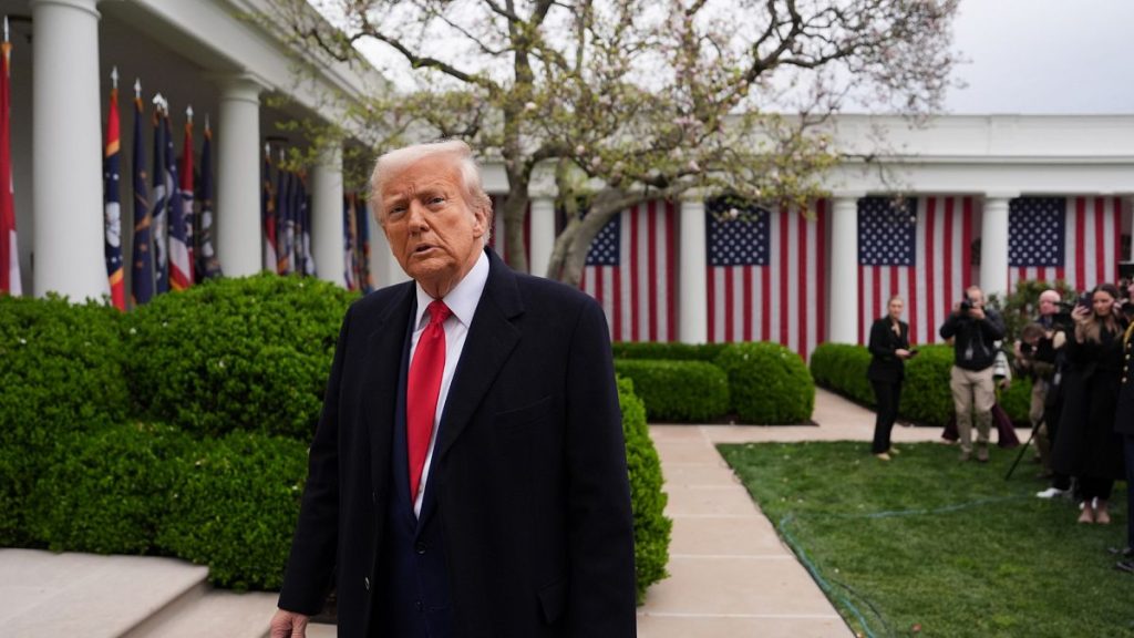 President Donald Trump departs after signing an executive order at an event to announce new tariffs in the Rose Garden of the White House. 2 April 2025.